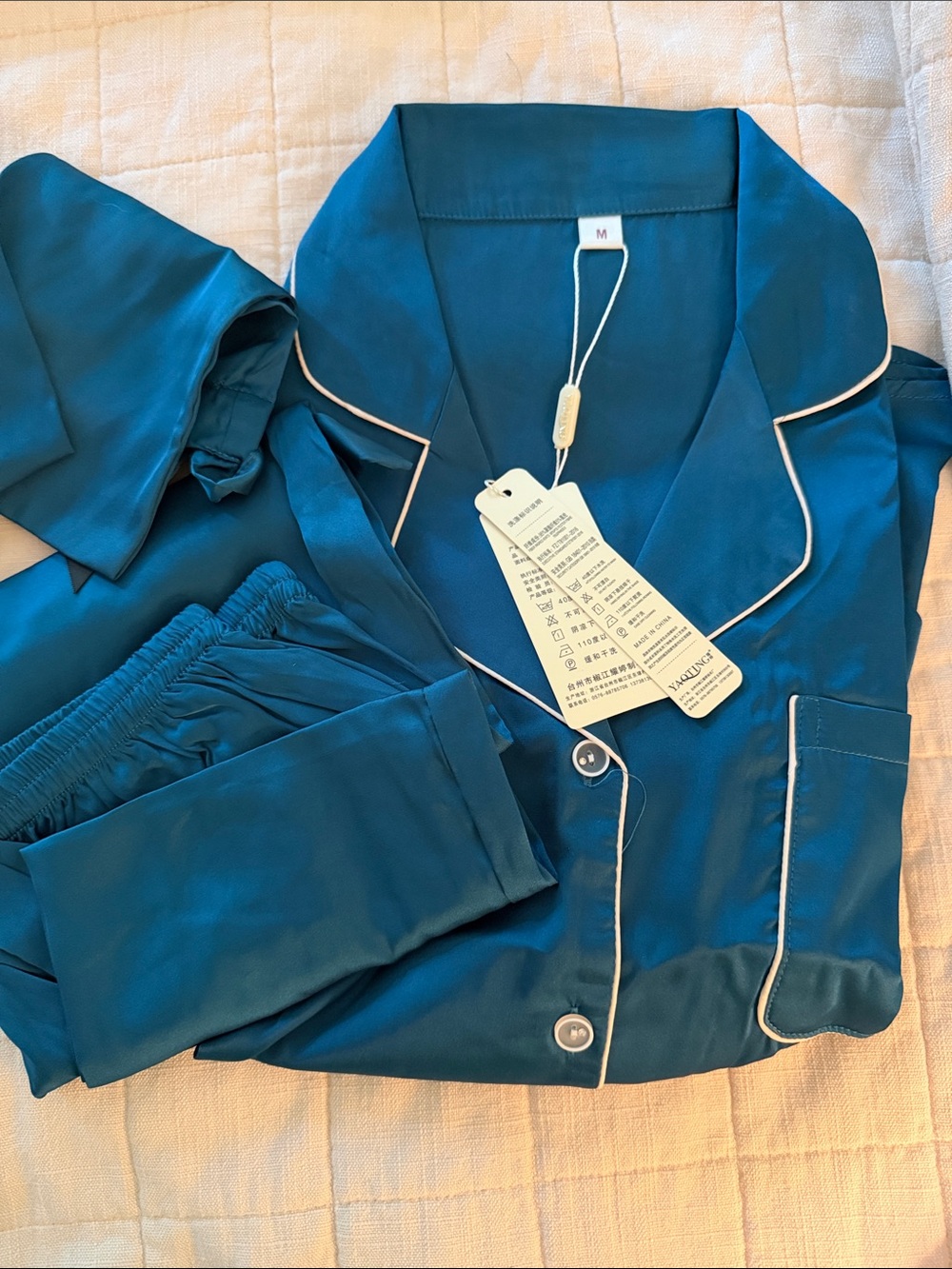 Women's Satin Teal Pajama Set with Contrast Piping
